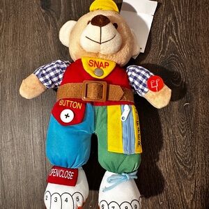 Gabi Toy 12" Teddy Bear Plush Zipper Button Snap TEACH ME brand new with tags